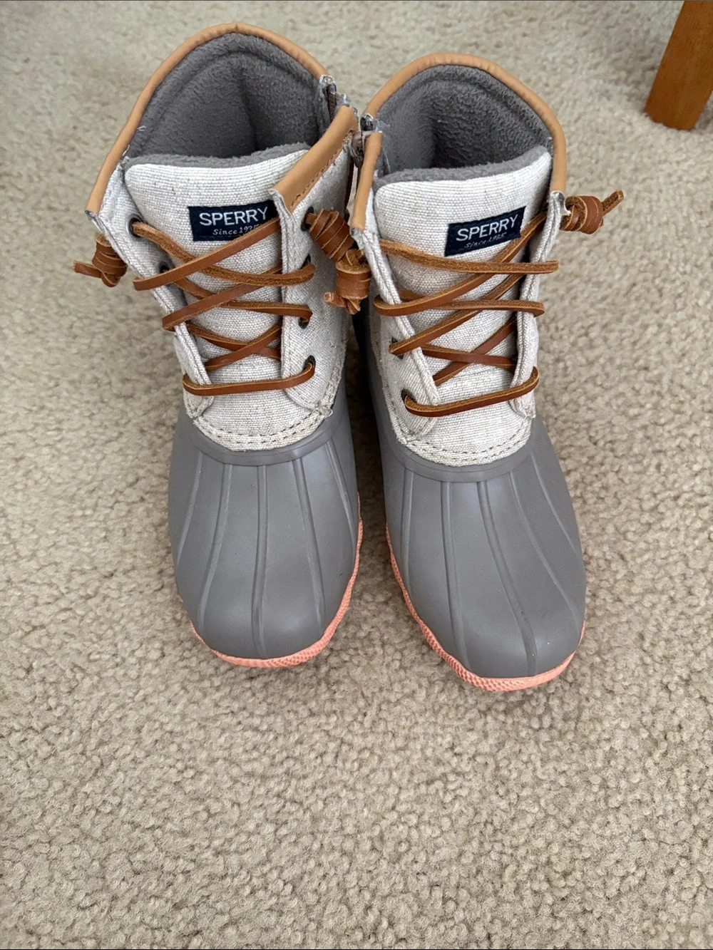 Sperry Kids Gray Duck Boots with Pink Trim and Tan Laces
